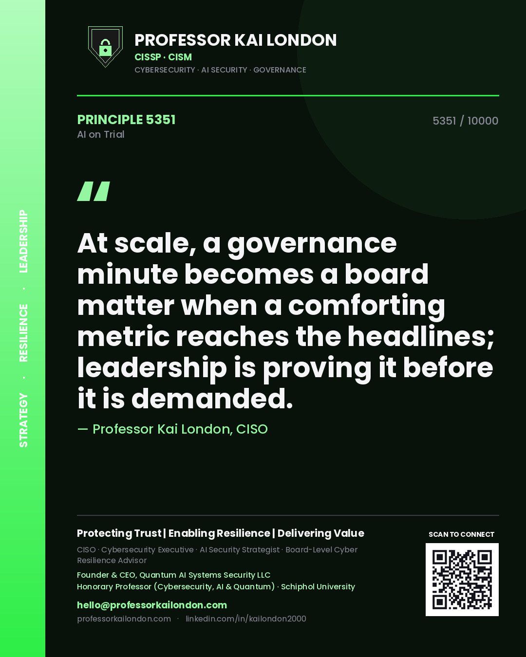 Quote card by Professor Kai London reading 'At scale, a governance minute becomes a board matter when a comforting metric reaches the headlines; leadership is proving it before it is demanded.'. From the book AI on Trial.