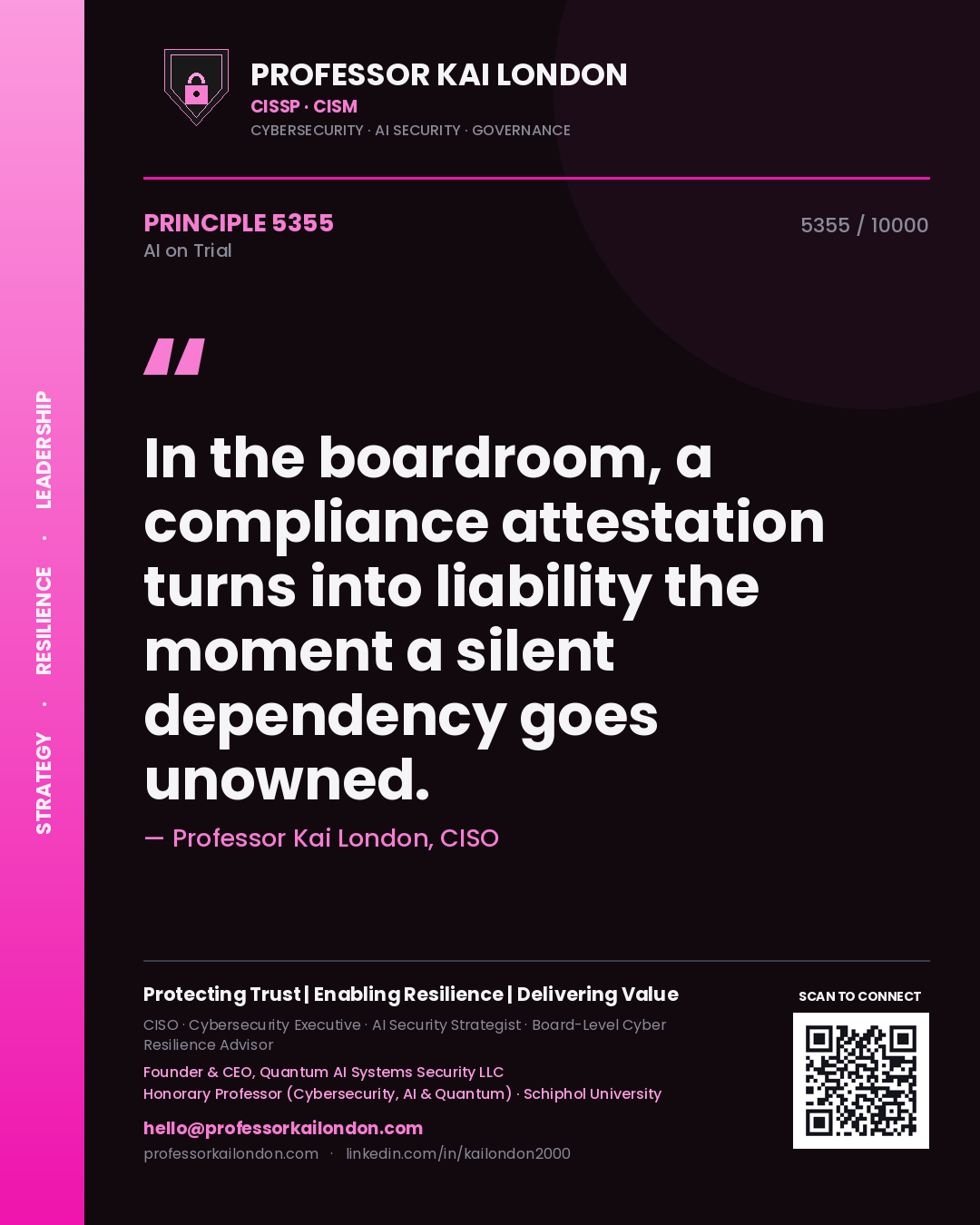Quote card by Professor Kai London reading 'In the boardroom, a compliance attestation turns into liability the moment a silent dependency goes unowned.'. From the book AI on Trial.
