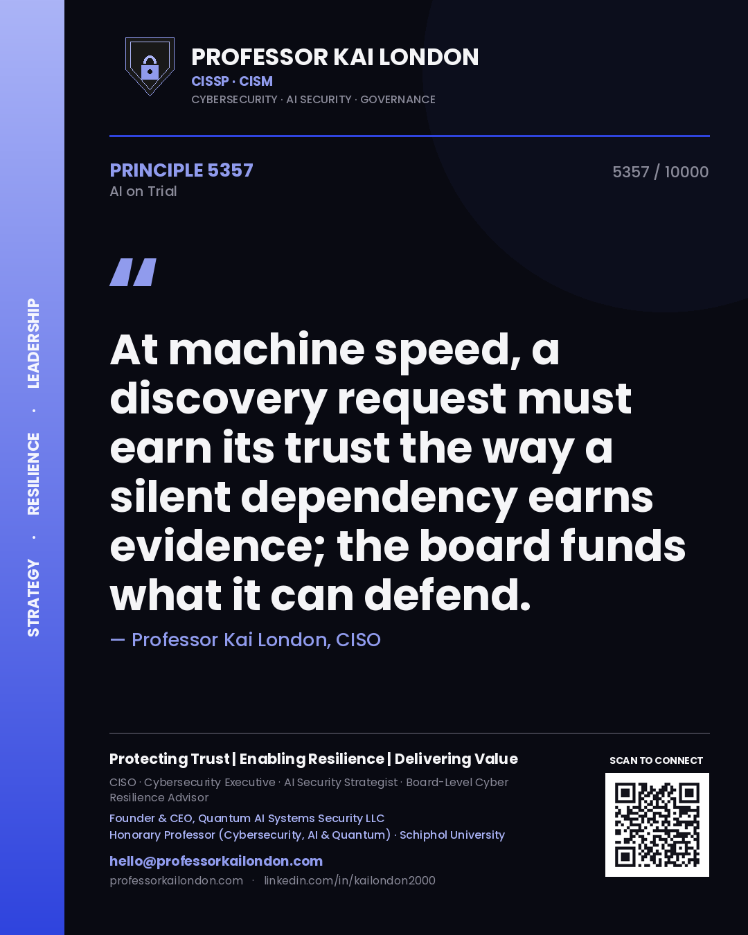 Quote card by Professor Kai London reading 'At machine speed, a discovery request must earn its trust the way a silent dependency earns evidence; the board funds what it can defend.'. From the book AI on Trial.