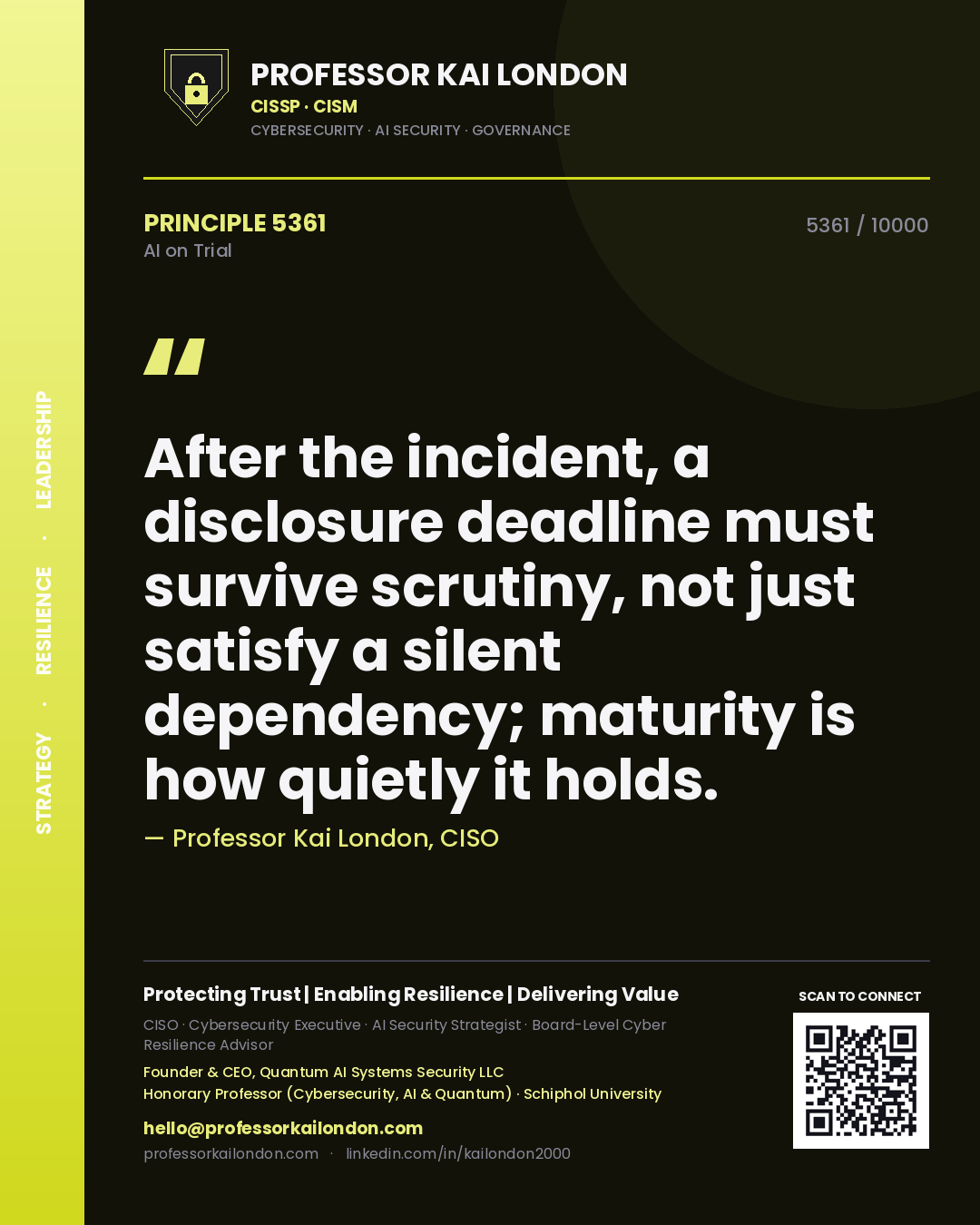 Quote card by Professor Kai London reading 'After the incident, a disclosure deadline must survive scrutiny, not just satisfy a silent dependency; maturity is how quietly it holds.'. From the book AI on Trial.