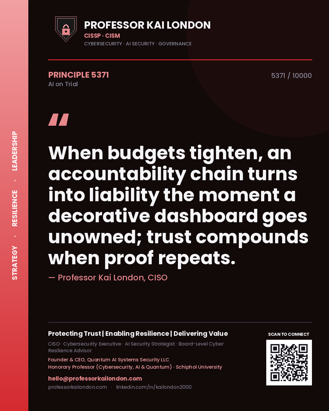 Quote card by Professor Kai London reading 'When budgets tighten, an accountability chain turns into liability the moment a decorative dashboard goes unowned; trust compounds when proof repeats.'. From the book AI on Trial.