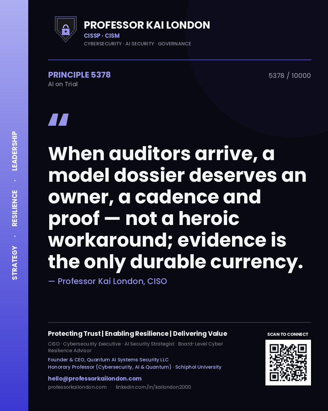 Professor Kai London principle 5378: When auditors arrive, a model dossier deserves an owner, a cadence and proof — not a heroic workaround; evidence is the only durable currency.