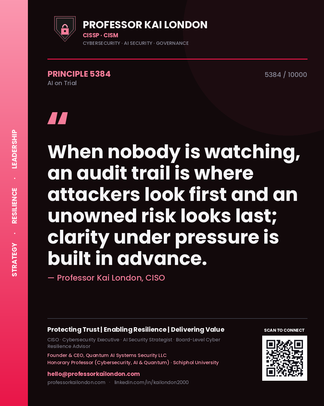 Quote card by Professor Kai London reading 'When nobody is watching, an audit trail is where attackers look first and an unowned risk looks last; clarity under pressure is built in advance.'. From the book AI on Trial.
