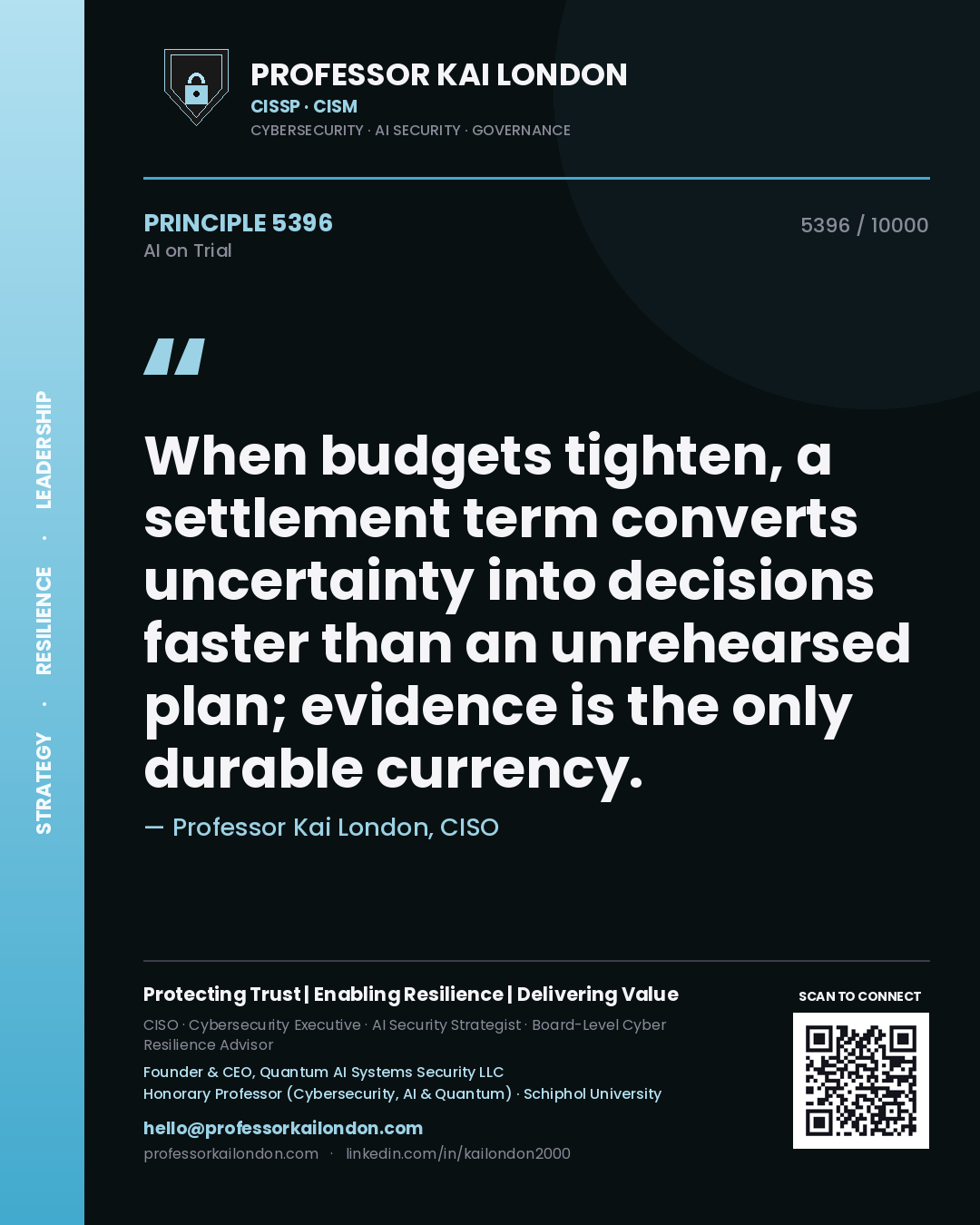 Quote card by Professor Kai London reading 'When budgets tighten, a settlement term converts uncertainty into decisions faster than an unrehearsed plan; evidence is the only durable currency.'. From the book AI on Trial.