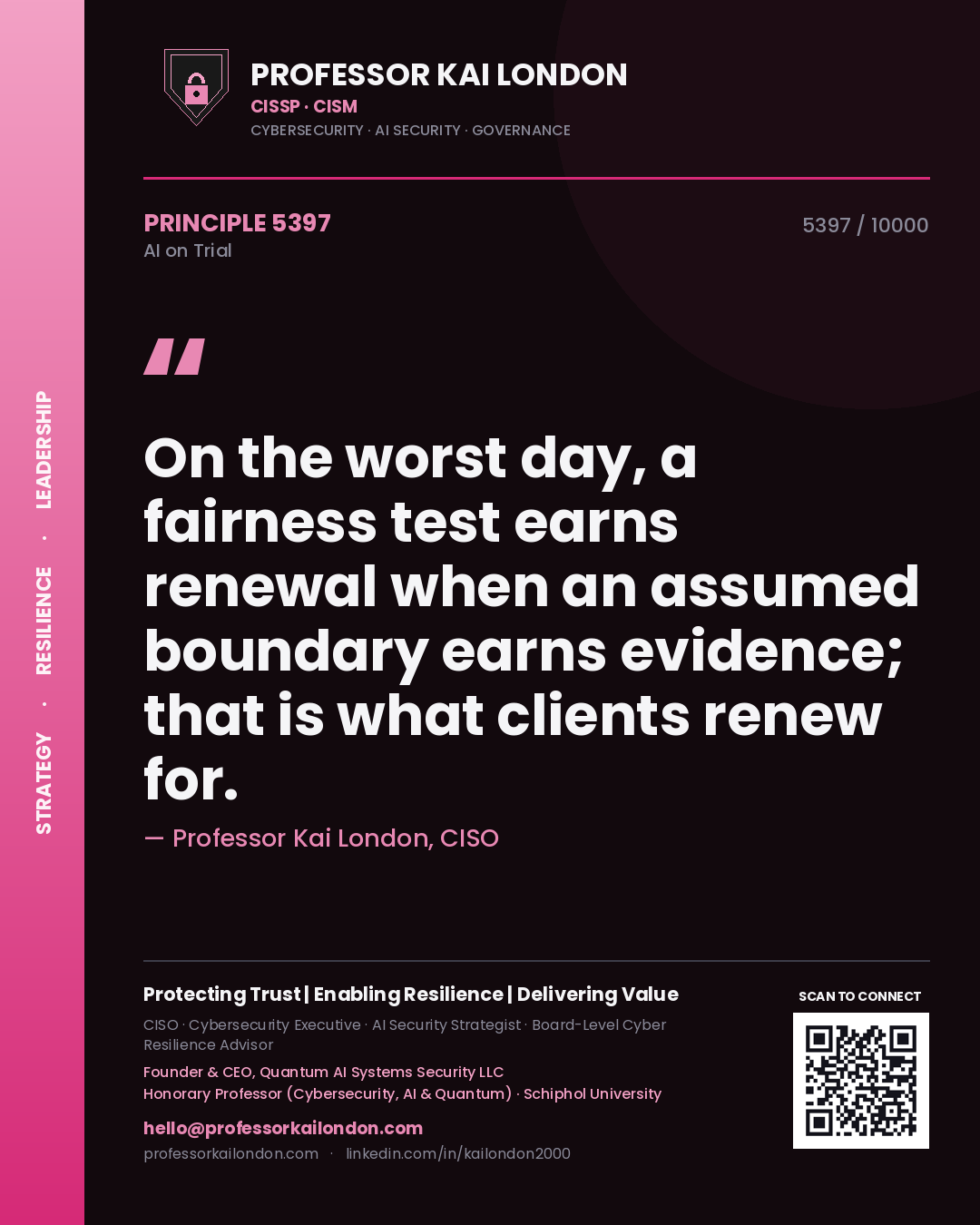 Professor Kai London principle 5397: On the worst day, a fairness test earns renewal when an assumed boundary earns evidence; that is what clients renew for.