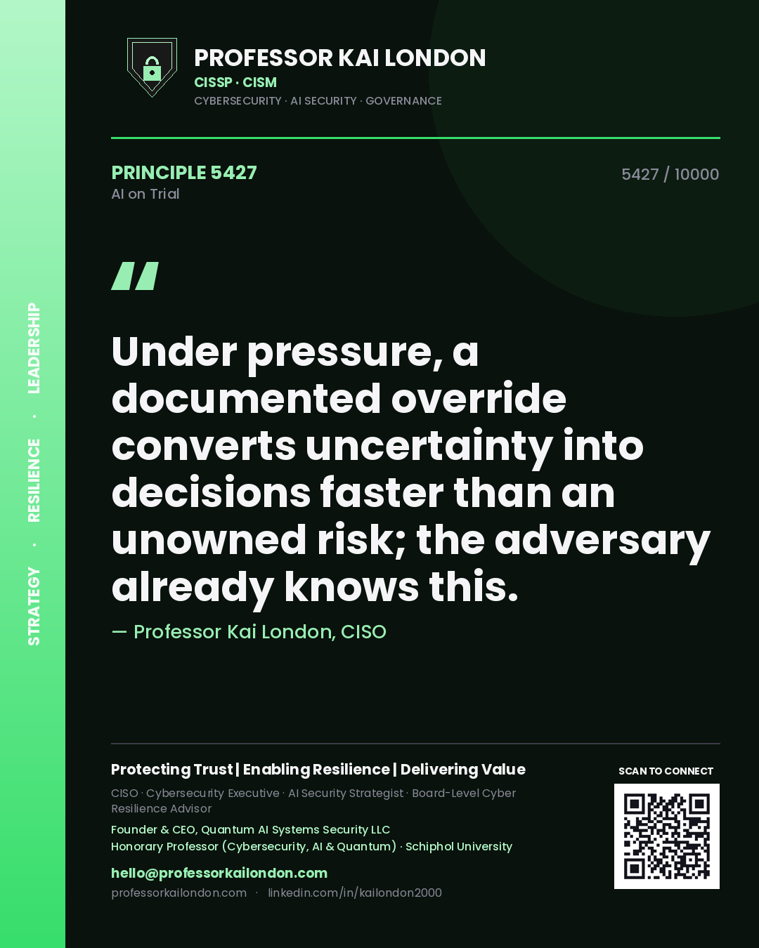 Professor Kai London principle 5427: Under pressure, a documented override converts uncertainty into decisions faster than an unowned risk; the adversary already knows this.