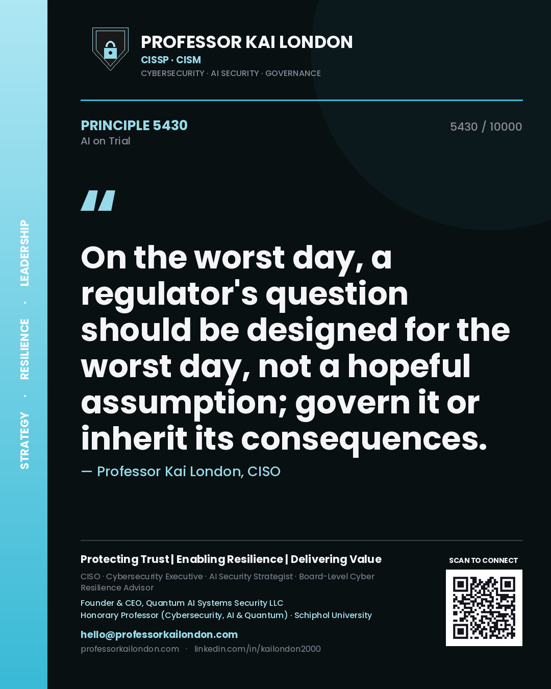 Professor Kai London principle 5430: On the worst day, a regulator's question should be designed for the worst day, not a hopeful assumption; govern it or inherit its consequences.
