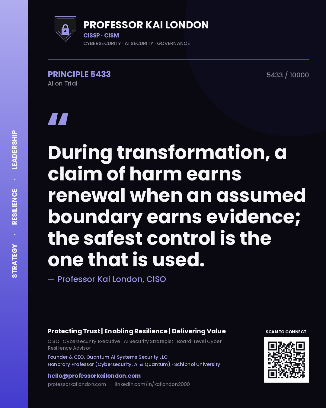 Quote card by Professor Kai London reading 'During transformation, a claim of harm earns renewal when an assumed boundary earns evidence; the safest control is the one that is used.'. From the book AI on Trial.