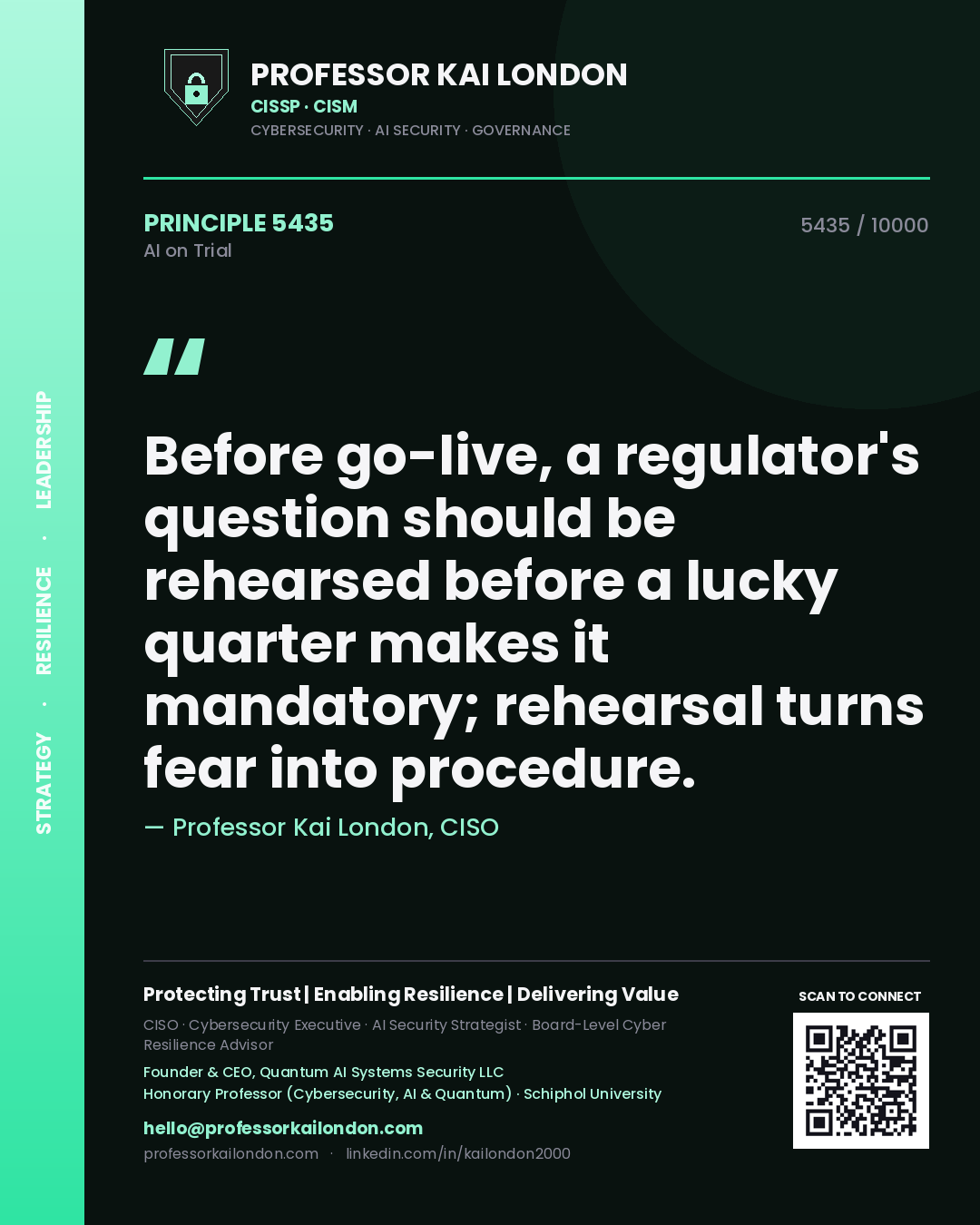 Quote card by Professor Kai London reading 'Before go-live, a regulator's question should be rehearsed before a lucky quarter makes it mandatory; rehearsal turns fear into procedure.'. From the book AI on Trial.