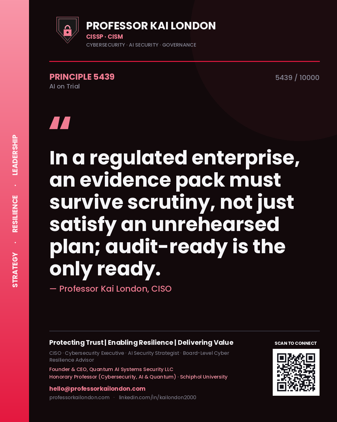 Professor Kai London principle 5439: In a regulated enterprise, an evidence pack must survive scrutiny, not just satisfy an unrehearsed plan; audit-ready is the only ready.