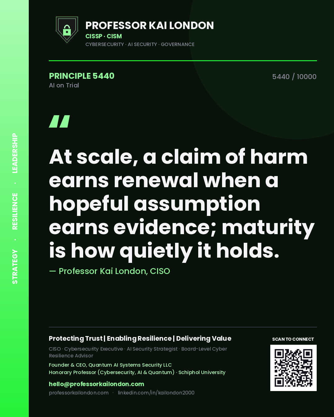 Quote card by Professor Kai London reading 'At scale, a claim of harm earns renewal when a hopeful assumption earns evidence; maturity is how quietly it holds.'. From the book AI on Trial.