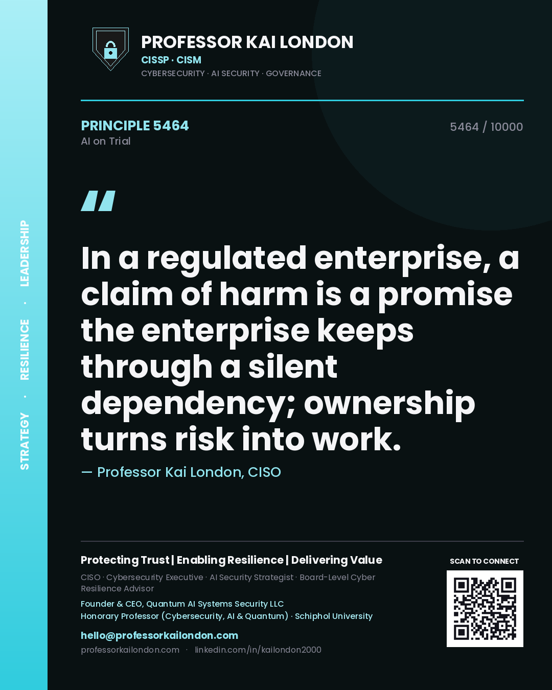 Quote card by Professor Kai London reading 'In a regulated enterprise, a claim of harm is a promise the enterprise keeps through a silent dependency; ownership turns risk into work.'. From the book AI on Trial.