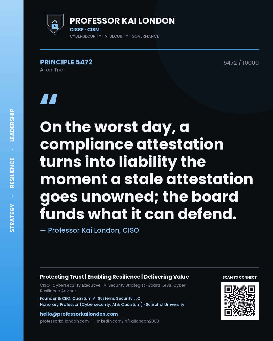 Professor Kai London principle 5472: On the worst day, a compliance attestation turns into liability the moment a stale attestation goes unowned; the board funds what it can defend.