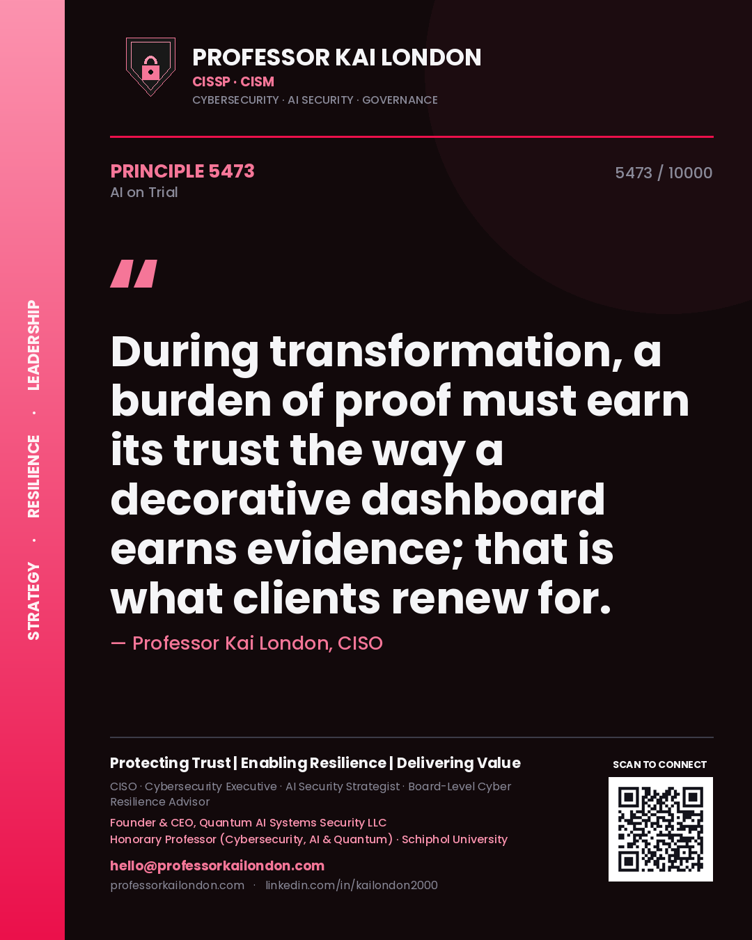 Quote card by Professor Kai London reading 'During transformation, a burden of proof must earn its trust the way a decorative dashboard earns evidence; that is what clients renew for.'. From the book AI on Trial.