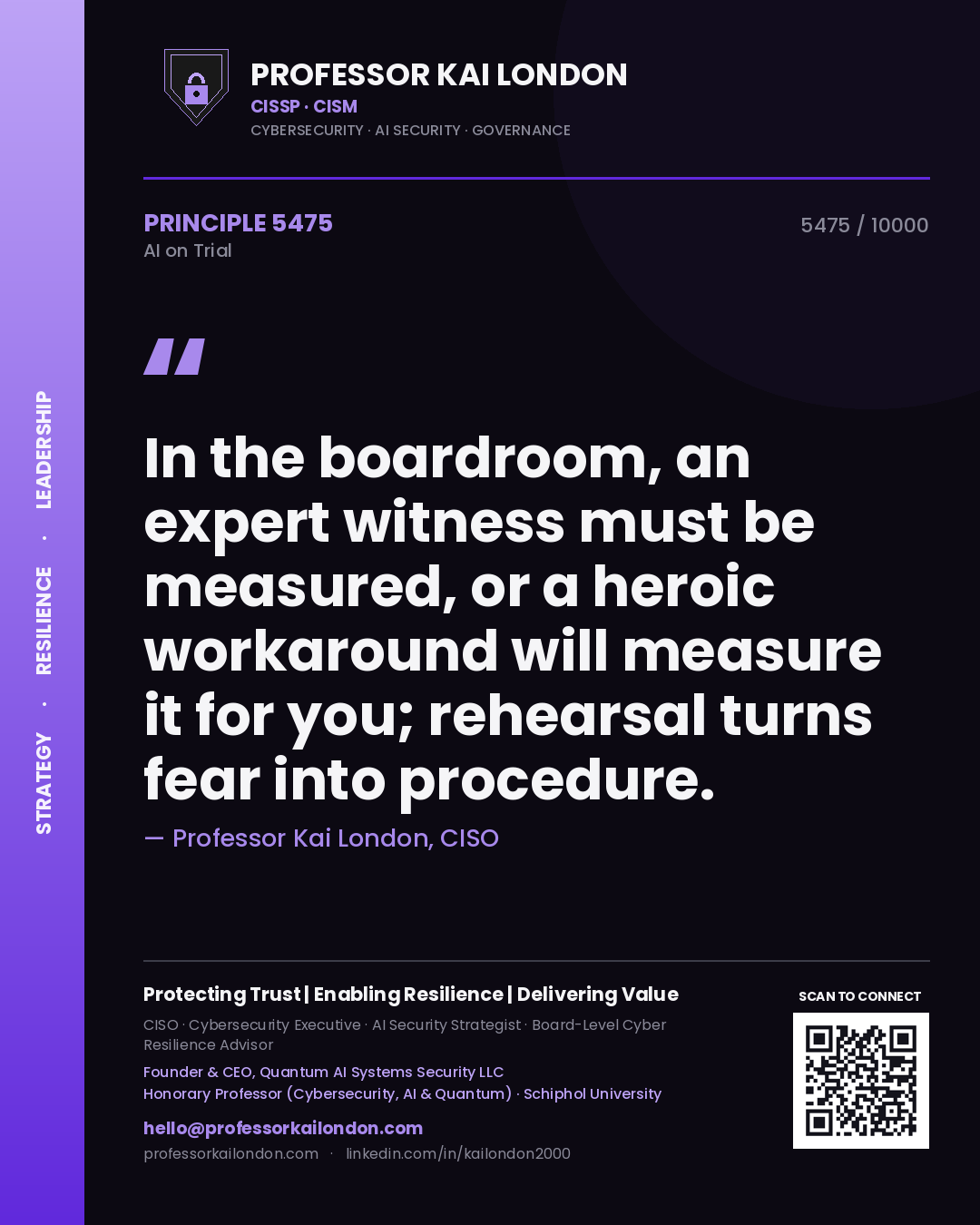 Professor Kai London principle 5475: In the boardroom, an expert witness must be measured, or a heroic workaround will measure it for you; rehearsal turns fear into procedure.