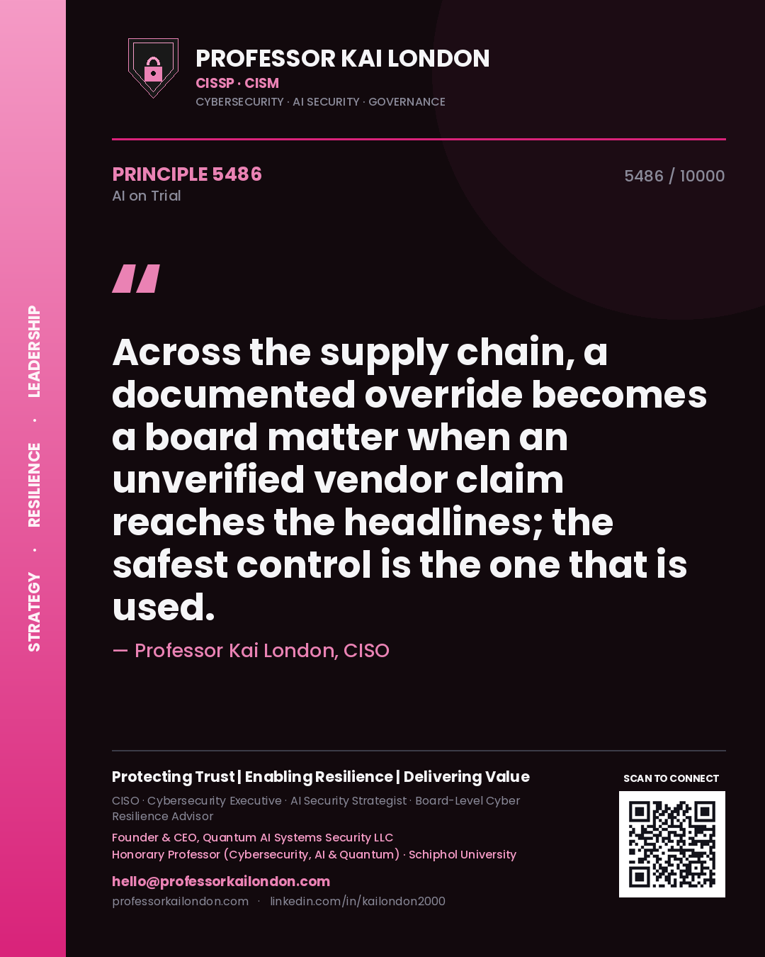 Professor Kai London principle 5486: Across the supply chain, a documented override becomes a board matter when an unverified vendor claim reaches the headlines; the safest control is the one that is used.