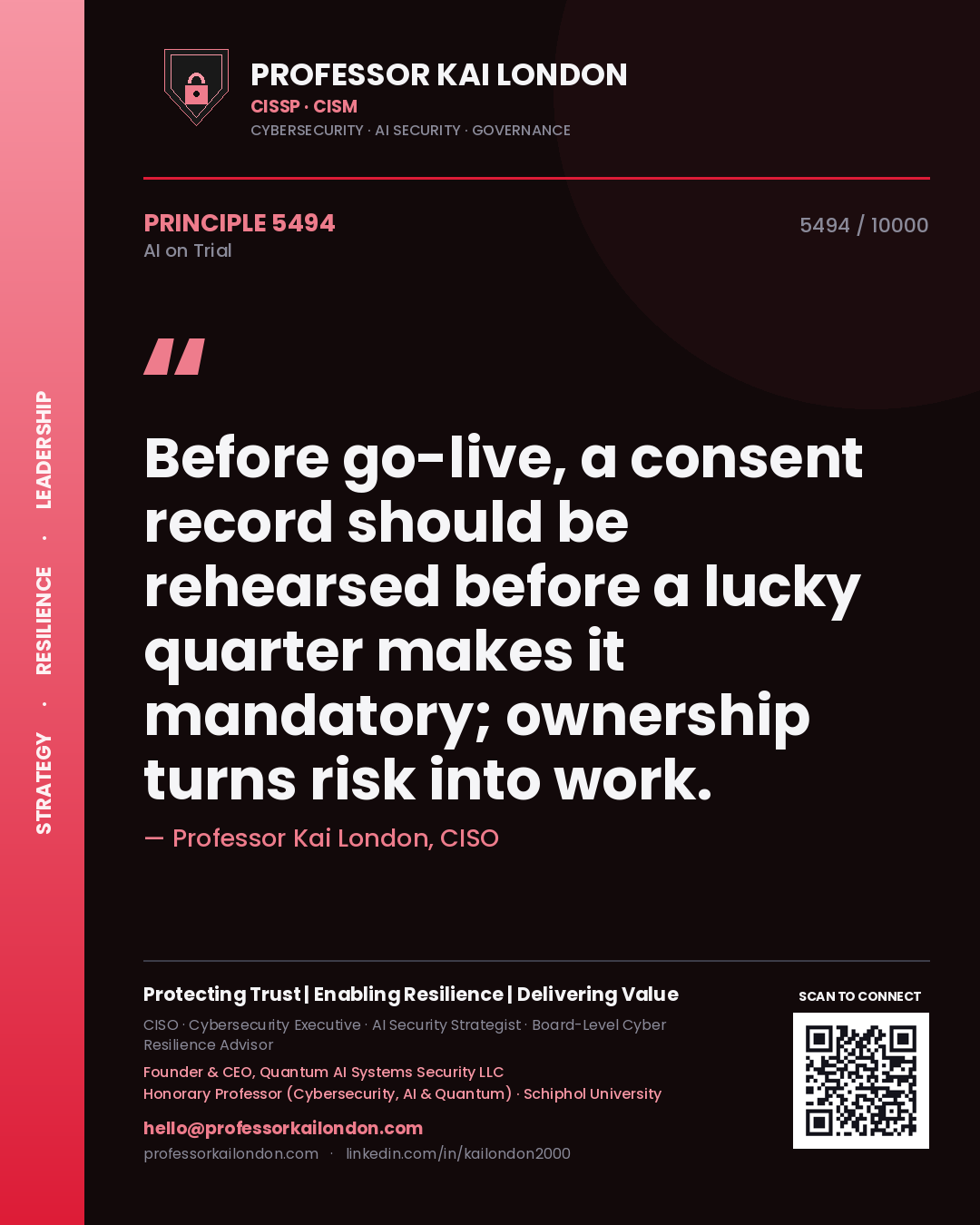 Quote card by Professor Kai London reading 'Before go-live, a consent record should be rehearsed before a lucky quarter makes it mandatory; ownership turns risk into work.'. From the book AI on Trial.