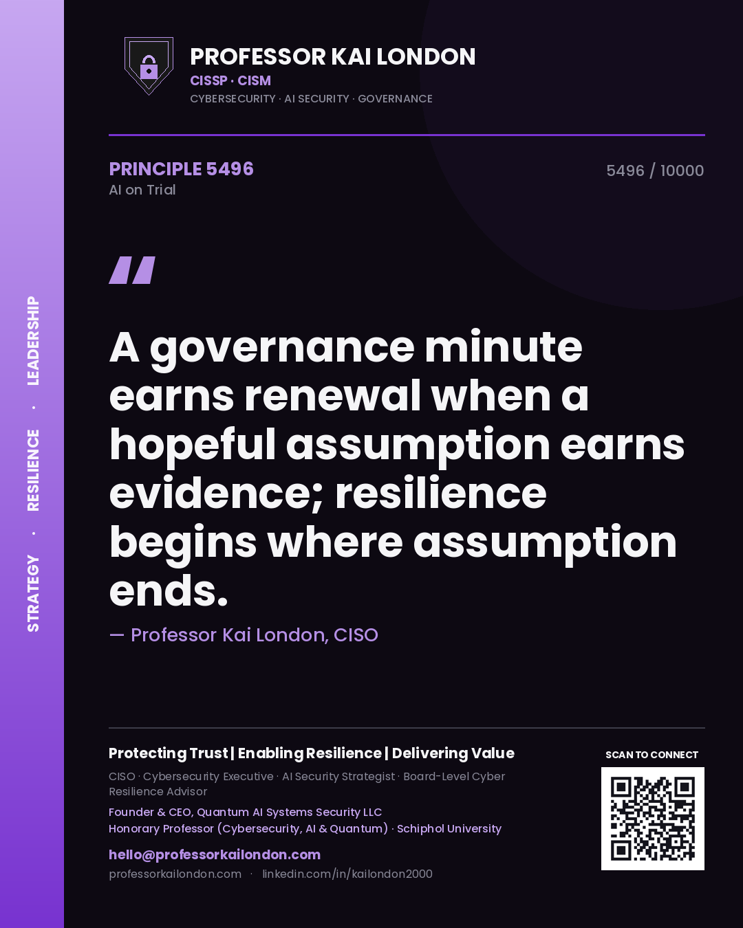 Quote card by Professor Kai London reading 'A governance minute earns renewal when a hopeful assumption earns evidence; resilience begins where assumption ends.'. From the book AI on Trial.