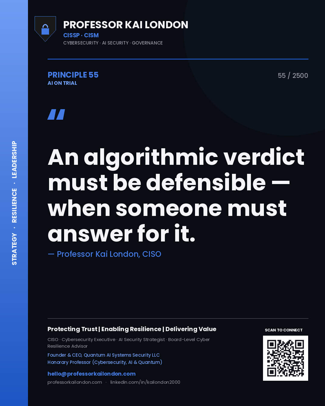 Professor Kai London principle 55: An algorithmic verdict must be defensible — when someone must answer for it.