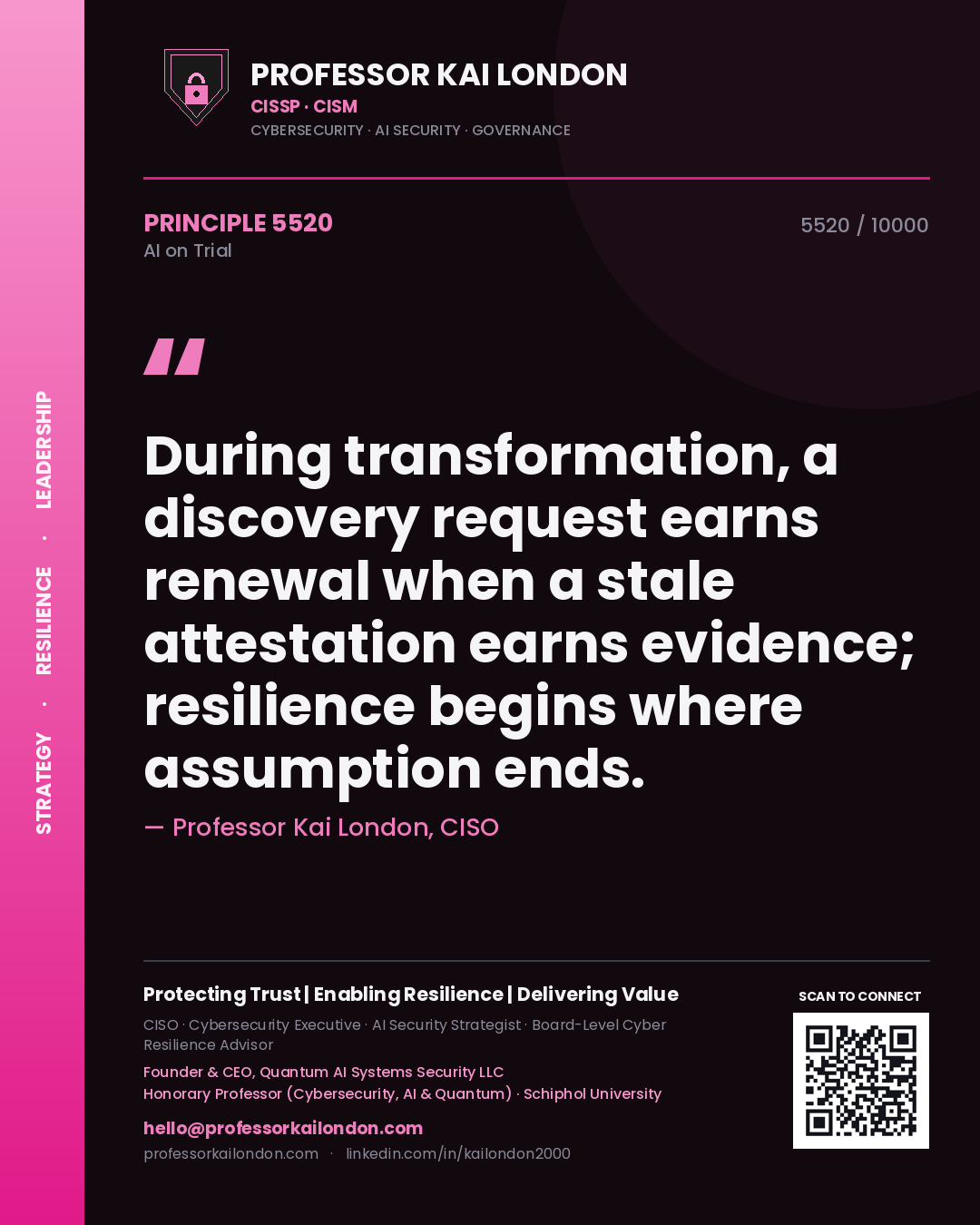 Quote card by Professor Kai London reading 'During transformation, a discovery request earns renewal when a stale attestation earns evidence; resilience begins where assumption ends.'. From the book AI on Trial.