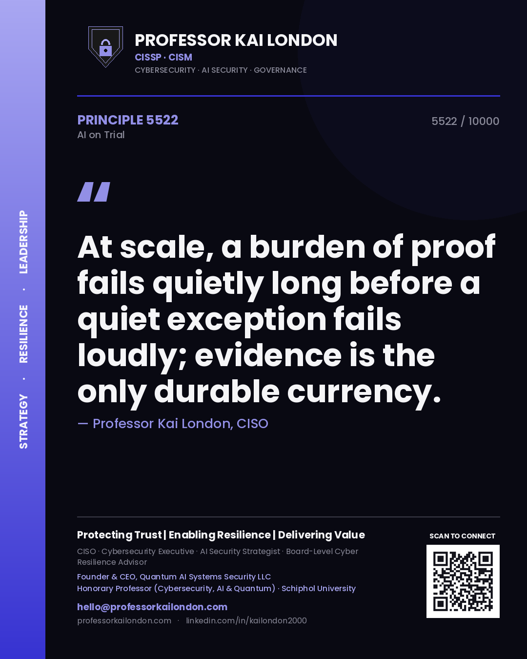 Professor Kai London principle 5522: At scale, a burden of proof fails quietly long before a quiet exception fails loudly; evidence is the only durable currency.