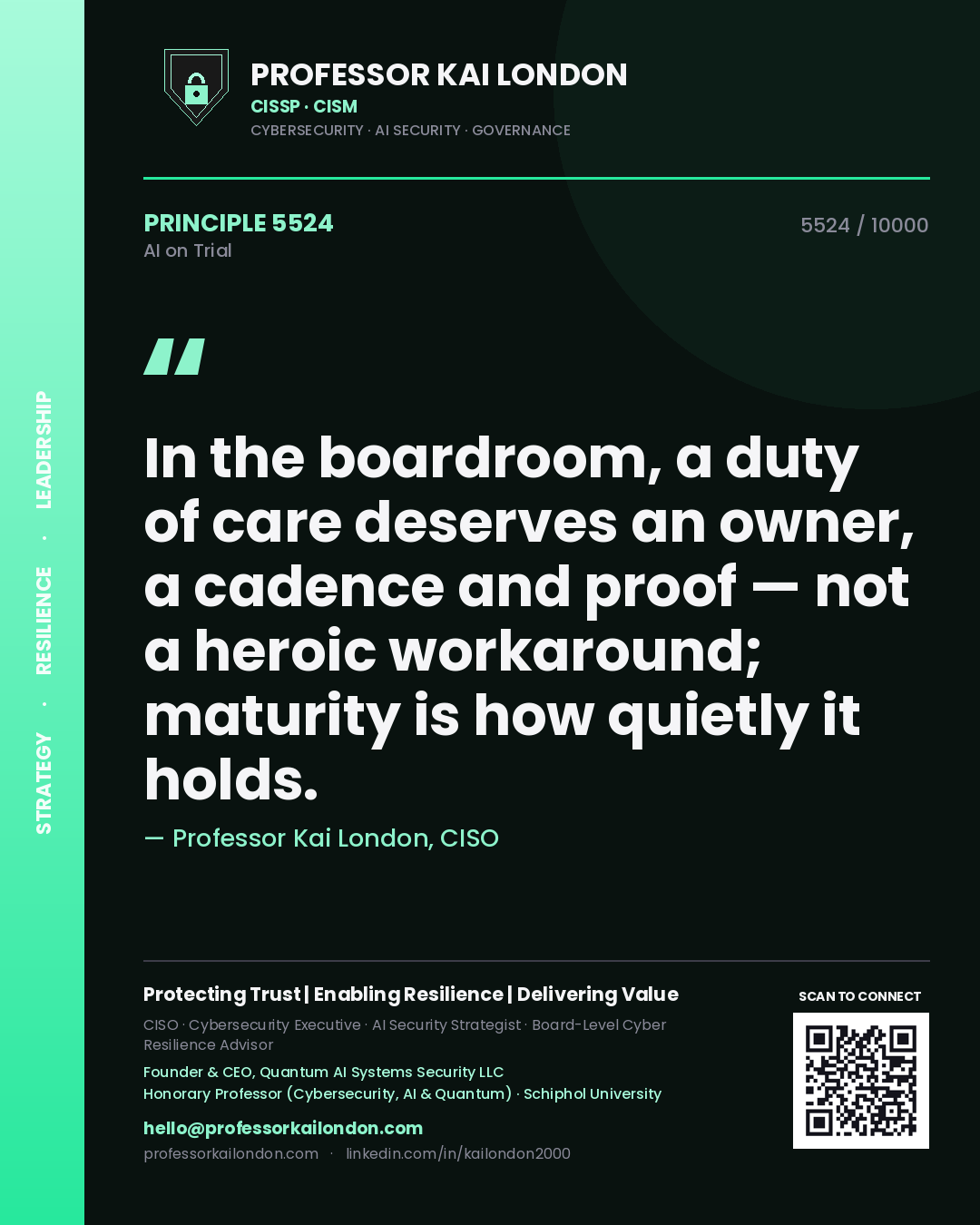 Quote card by Professor Kai London reading 'In the boardroom, a duty of care deserves an owner, a cadence and proof — not a heroic workaround; maturity is how quietly it holds.'. From the book AI on Trial.