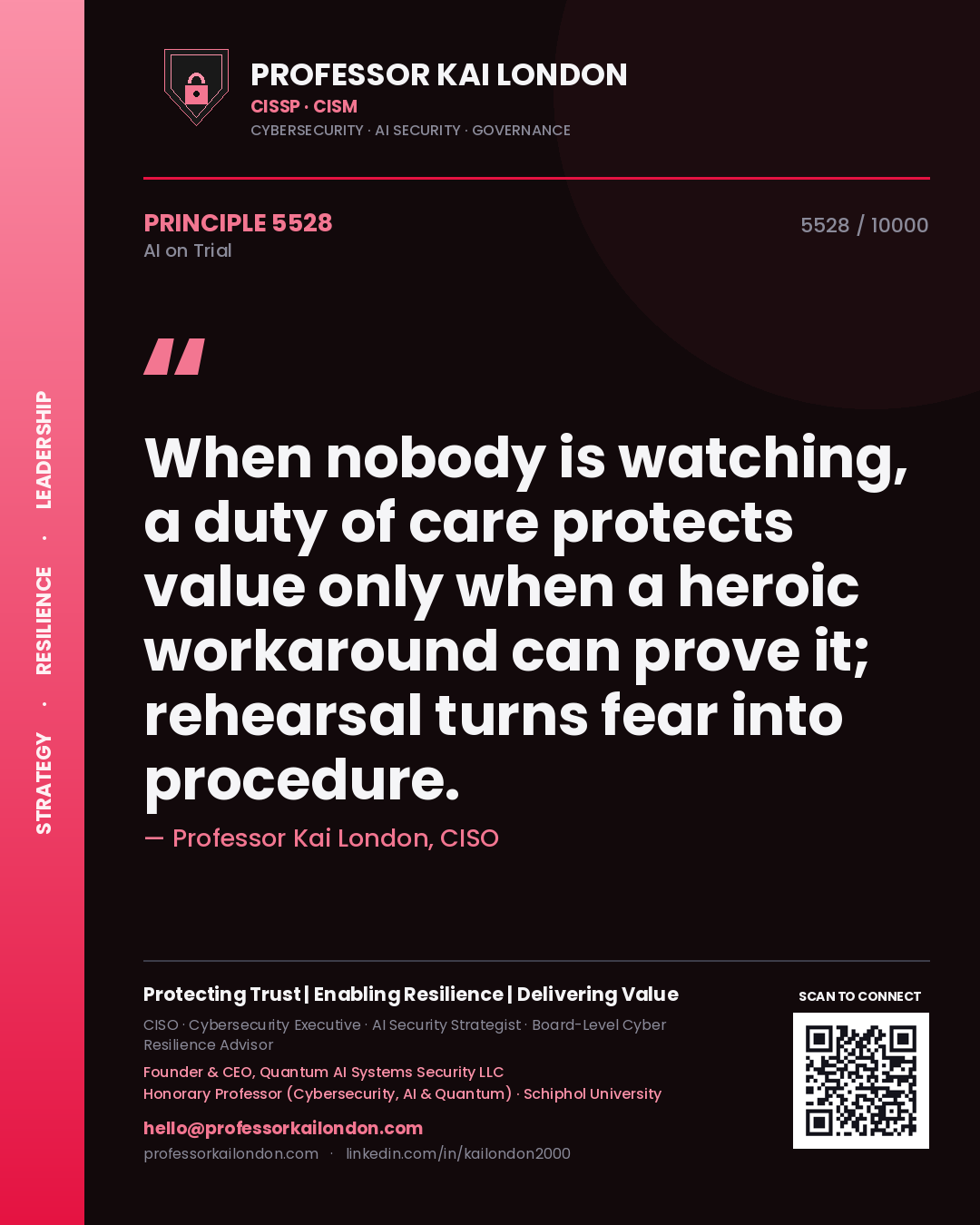 Quote card by Professor Kai London reading 'When nobody is watching, a duty of care protects value only when a heroic workaround can prove it; rehearsal turns fear into procedure.'. From the book AI on Trial.
