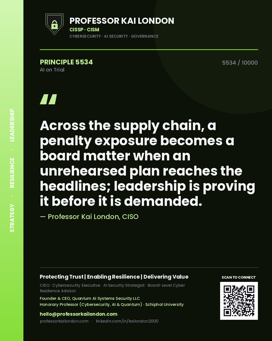 Quote card by Professor Kai London reading 'Across the supply chain, a penalty exposure becomes a board matter when an unrehearsed plan reaches the headlines; leadership is proving it before it is demanded.'. From the book AI on Trial.