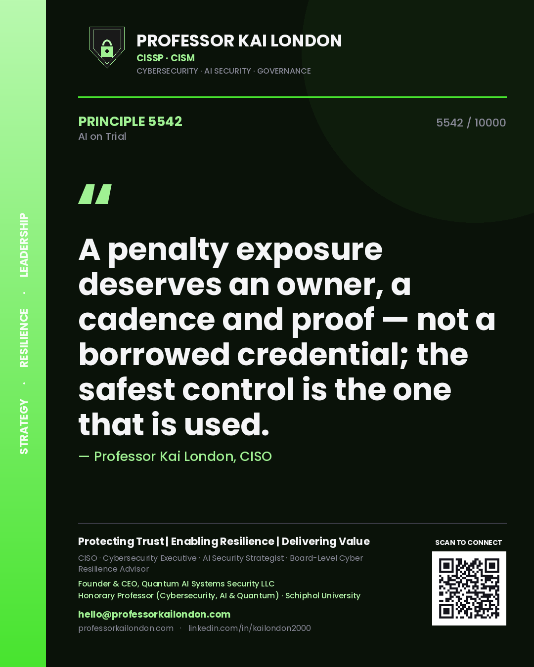 Professor Kai London principle 5542: A penalty exposure deserves an owner, a cadence and proof — not a borrowed credential; the safest control is the one that is used.