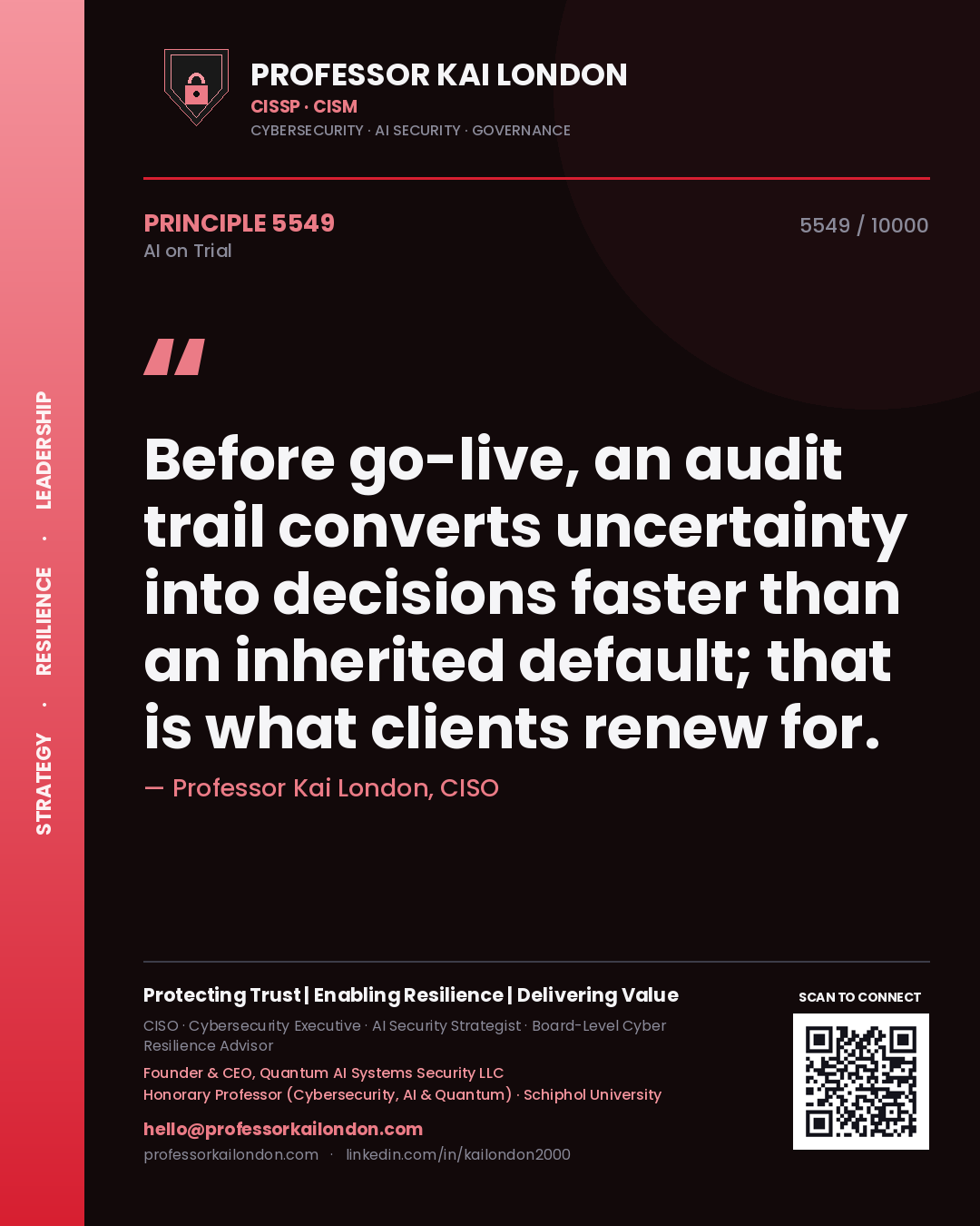 Quote card by Professor Kai London reading 'Before go-live, an audit trail converts uncertainty into decisions faster than an inherited default; that is what clients renew for.'. From the book AI on Trial.