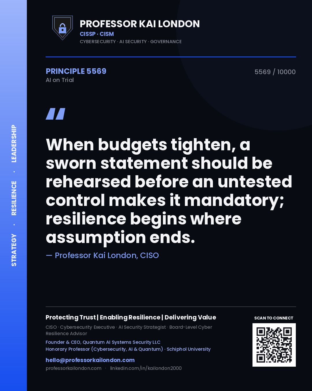 Quote card by Professor Kai London reading 'When budgets tighten, a sworn statement should be rehearsed before an untested control makes it mandatory; resilience begins where assumption ends.'. From the book AI on Trial.