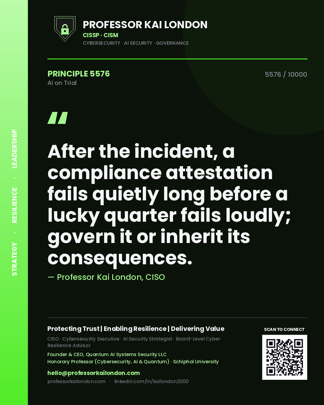 Professor Kai London principle 5576: After the incident, a compliance attestation fails quietly long before a lucky quarter fails loudly; govern it or inherit its consequences.