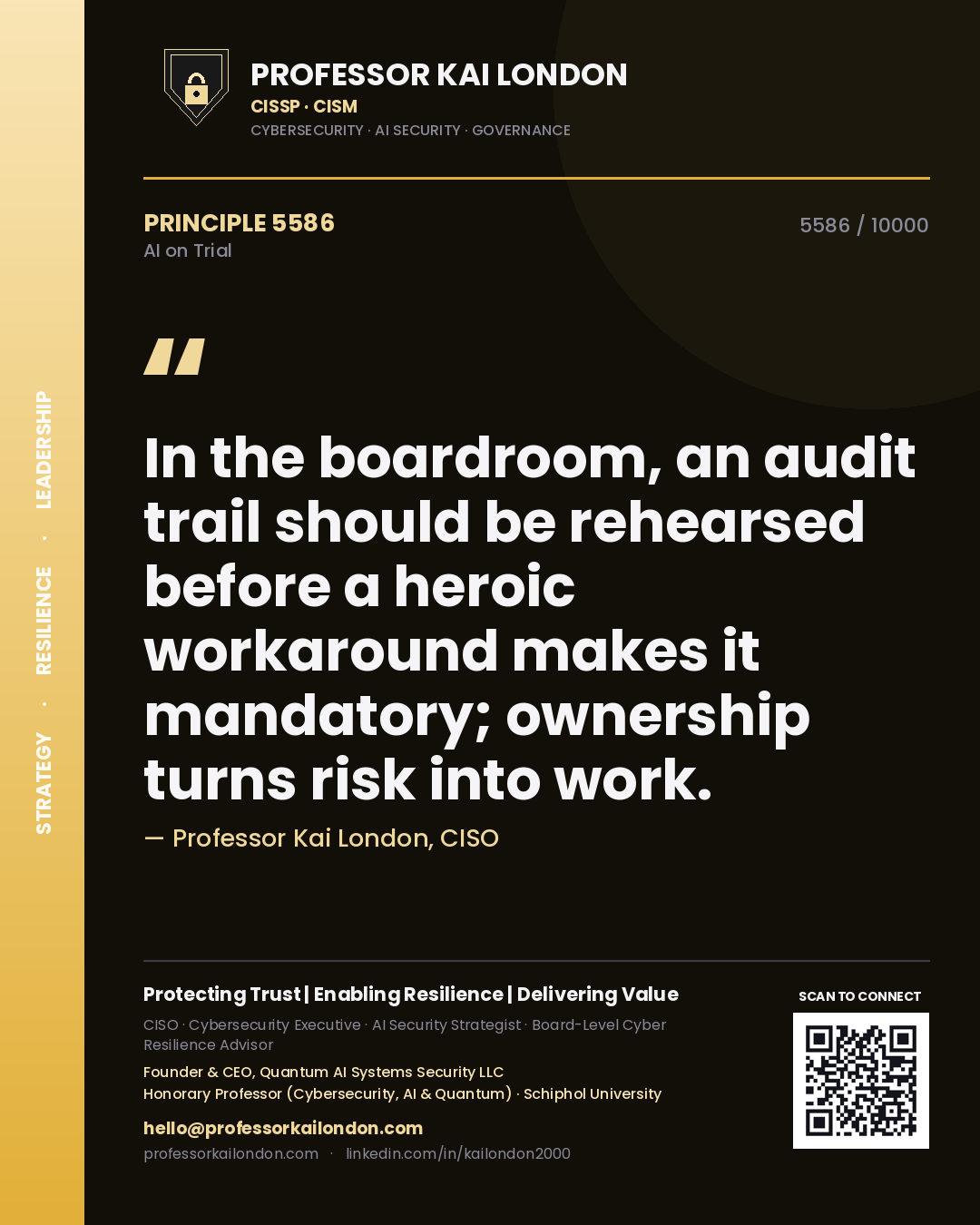 Professor Kai London principle 5586: In the boardroom, an audit trail should be rehearsed before a heroic workaround makes it mandatory; ownership turns risk into work.