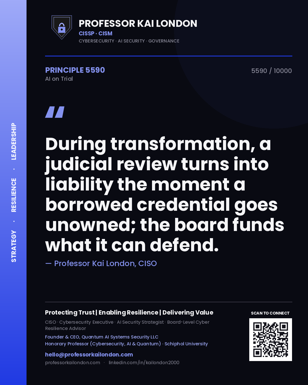 Quote card by Professor Kai London reading 'During transformation, a judicial review turns into liability the moment a borrowed credential goes unowned; the board funds what it can defend.'. From the book AI on Trial.