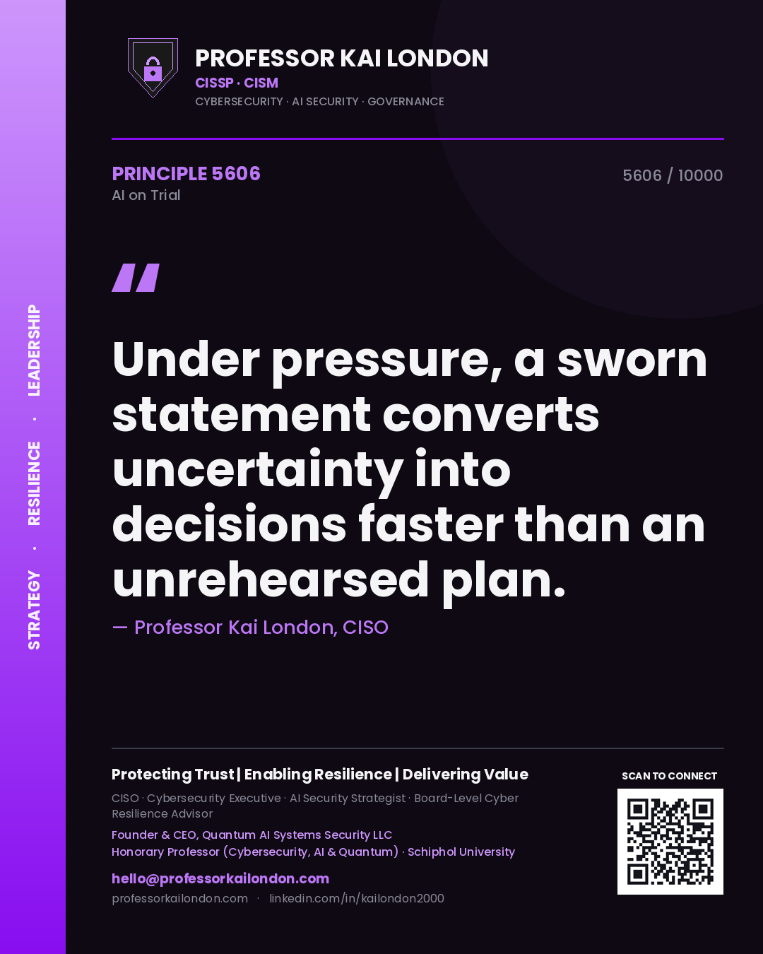 Quote card by Professor Kai London reading 'Under pressure, a sworn statement converts uncertainty into decisions faster than an unrehearsed plan.'. From the book AI on Trial.