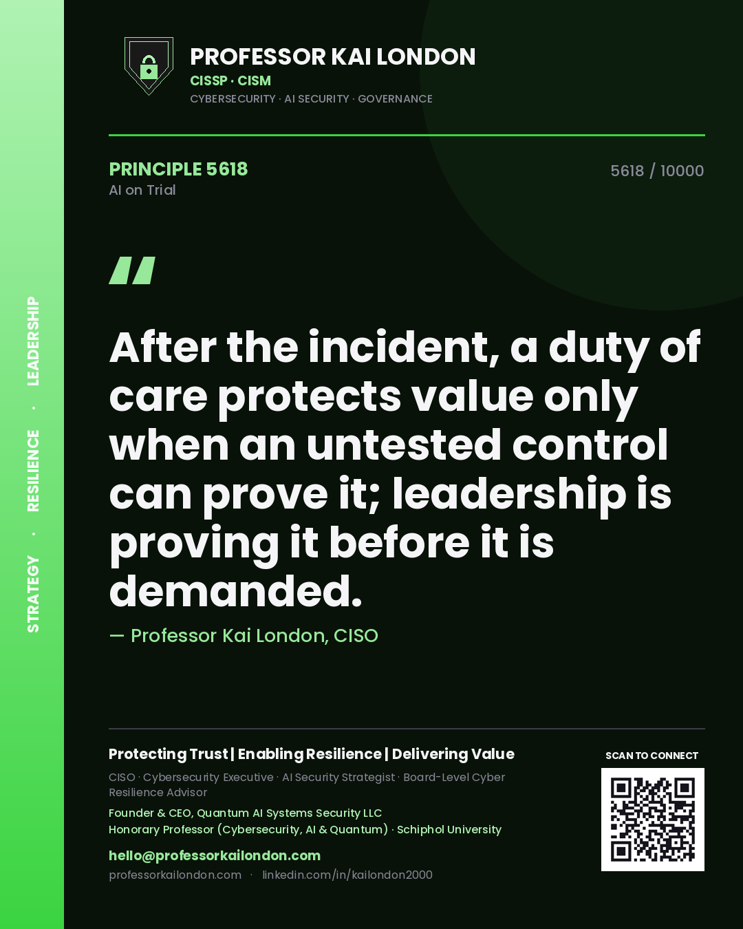 Professor Kai London principle 5618: After the incident, a duty of care protects value only when an untested control can prove it; leadership is proving it before it is demanded.