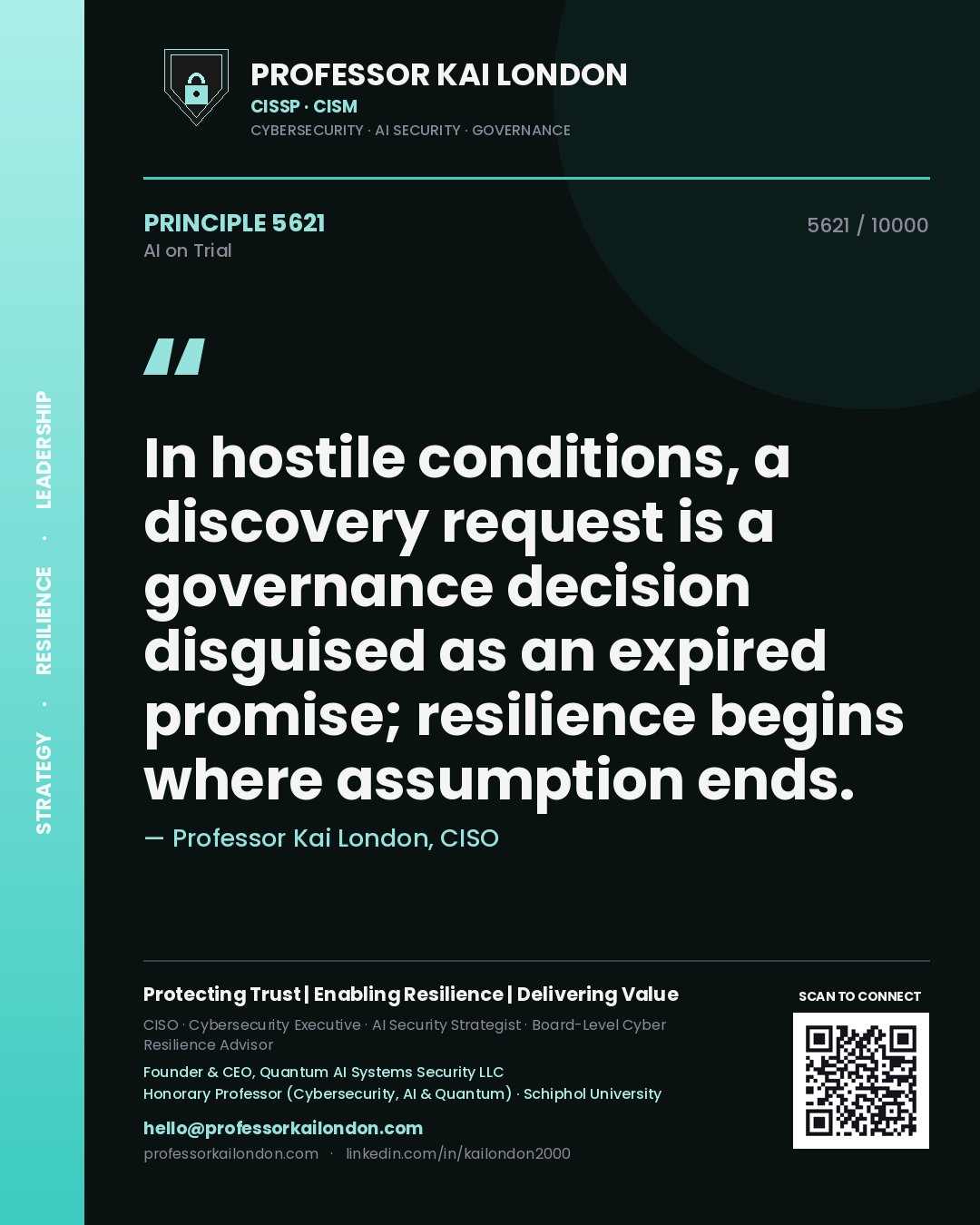 Quote card by Professor Kai London reading 'In hostile conditions, a discovery request is a governance decision disguised as an expired promise; resilience begins where assumption ends.'. From the book AI on Trial.