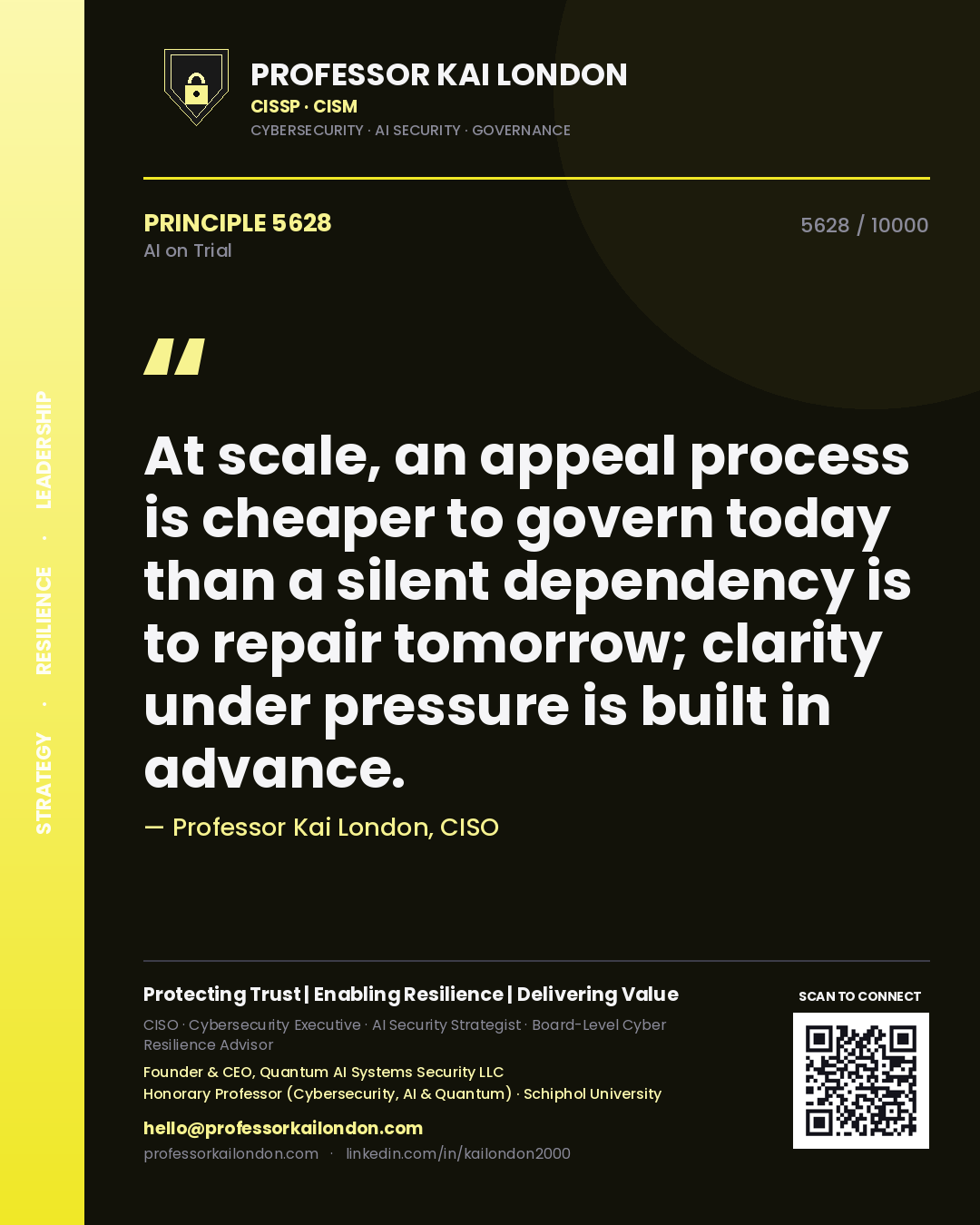 Quote card by Professor Kai London reading 'At scale, an appeal process is cheaper to govern today than a silent dependency is to repair tomorrow; clarity under pressure is built in advance.'. From the book AI on Trial.