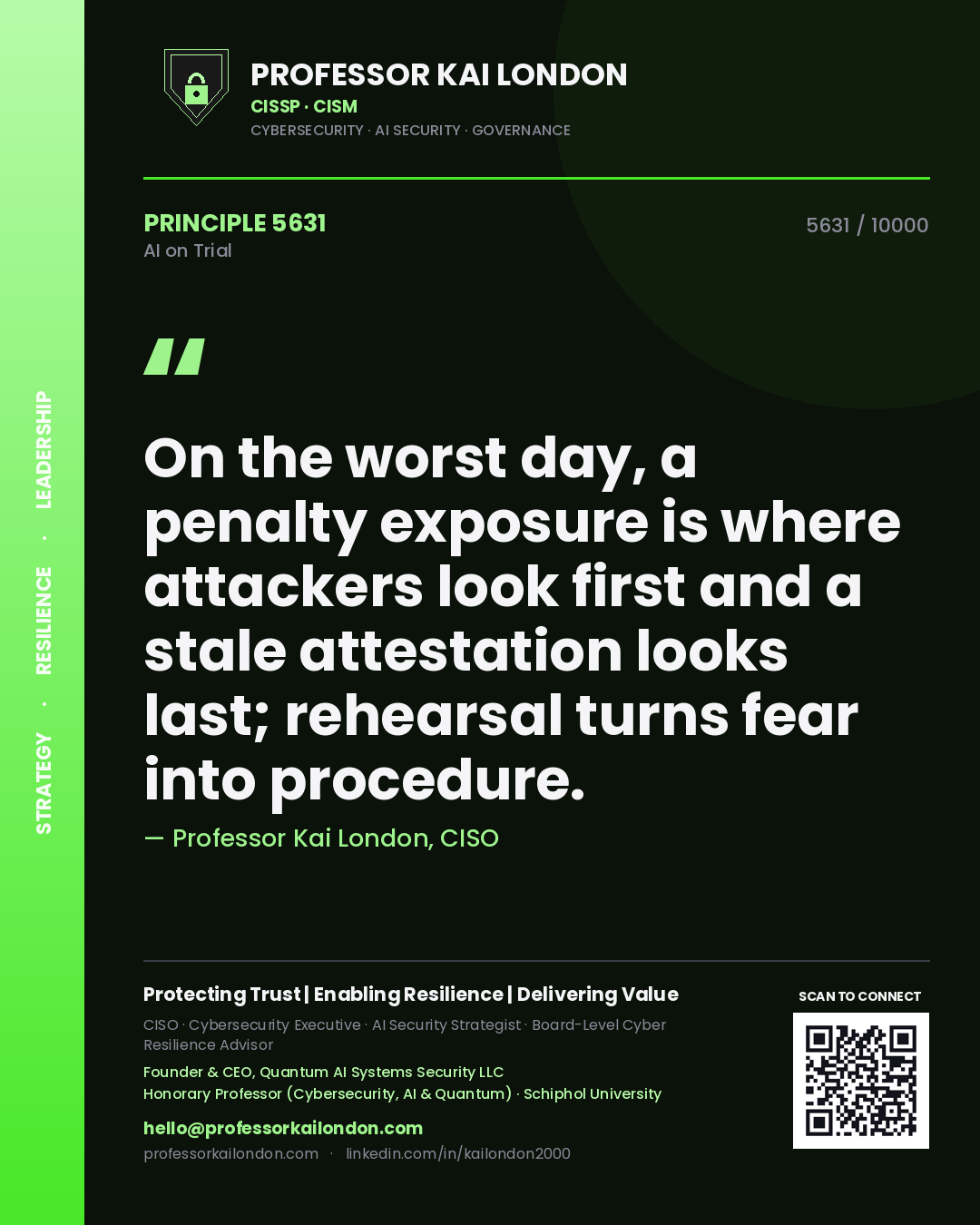 Quote card by Professor Kai London reading 'On the worst day, a penalty exposure is where attackers look first and a stale attestation looks last; rehearsal turns fear into procedure.'. From the book AI on Trial.