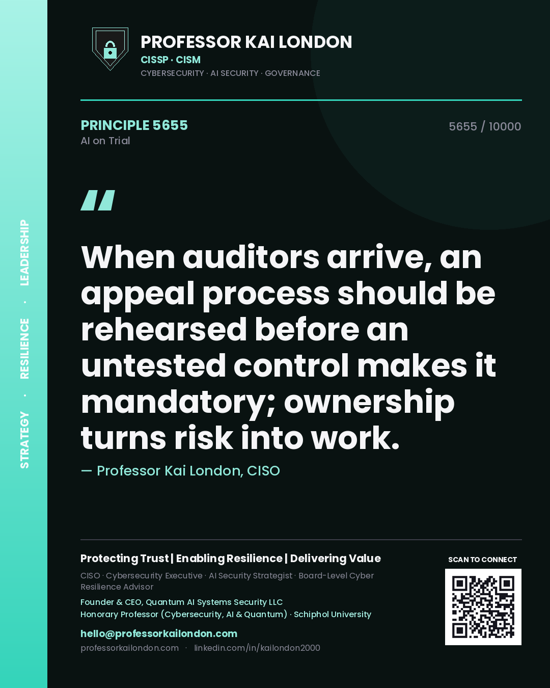 Quote card by Professor Kai London reading 'When auditors arrive, an appeal process should be rehearsed before an untested control makes it mandatory; ownership turns risk into work.'. From the book AI on Trial.