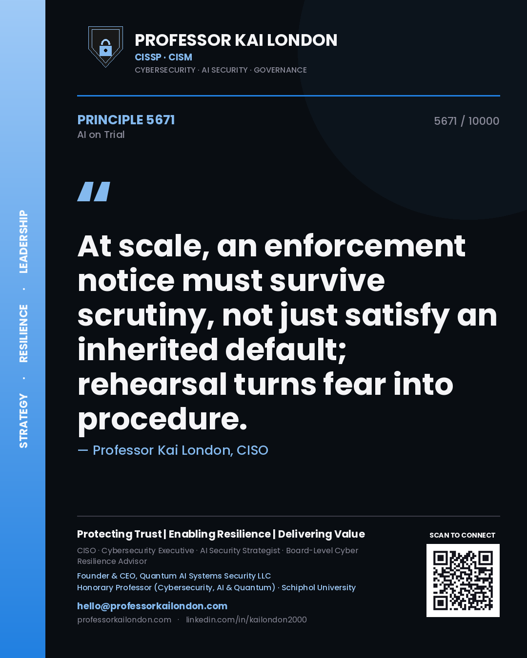 Professor Kai London principle 5671: At scale, an enforcement notice must survive scrutiny, not just satisfy an inherited default; rehearsal turns fear into procedure.