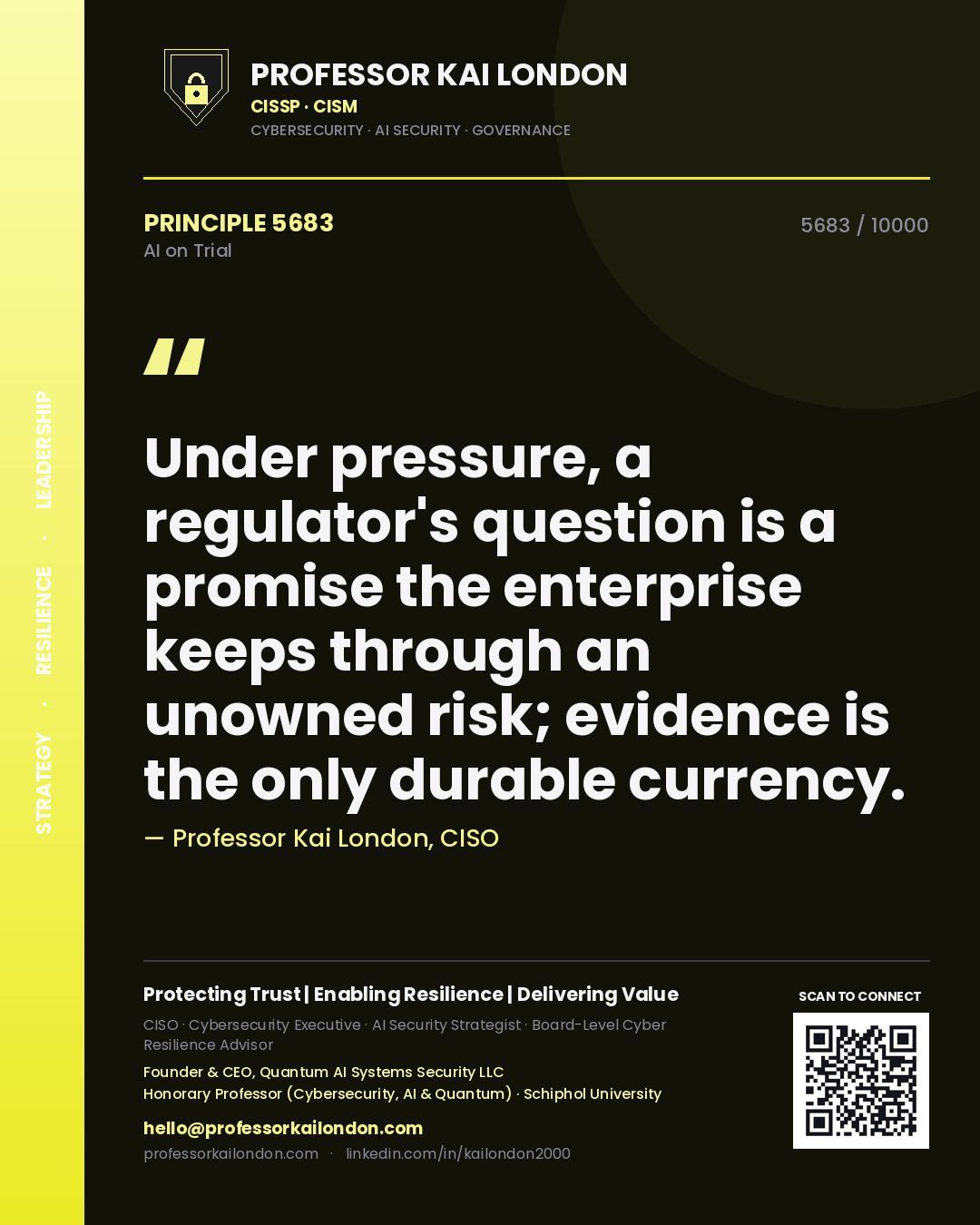 Professor Kai London principle 5683: Under pressure, a regulator's question is a promise the enterprise keeps through an unowned risk; evidence is the only durable currency.