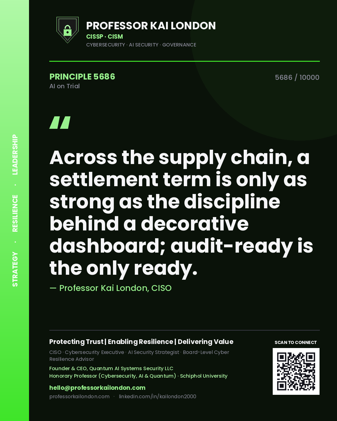 Quote card by Professor Kai London reading 'Across the supply chain, a settlement term is only as strong as the discipline behind a decorative dashboard; audit-ready is the only ready.'. From the book AI on Trial.