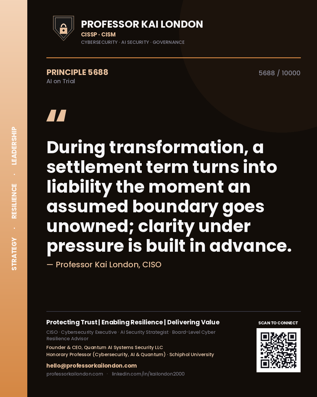 Quote card by Professor Kai London reading 'During transformation, a settlement term turns into liability the moment an assumed boundary goes unowned; clarity under pressure is built in advance.'. From the book AI on Trial.