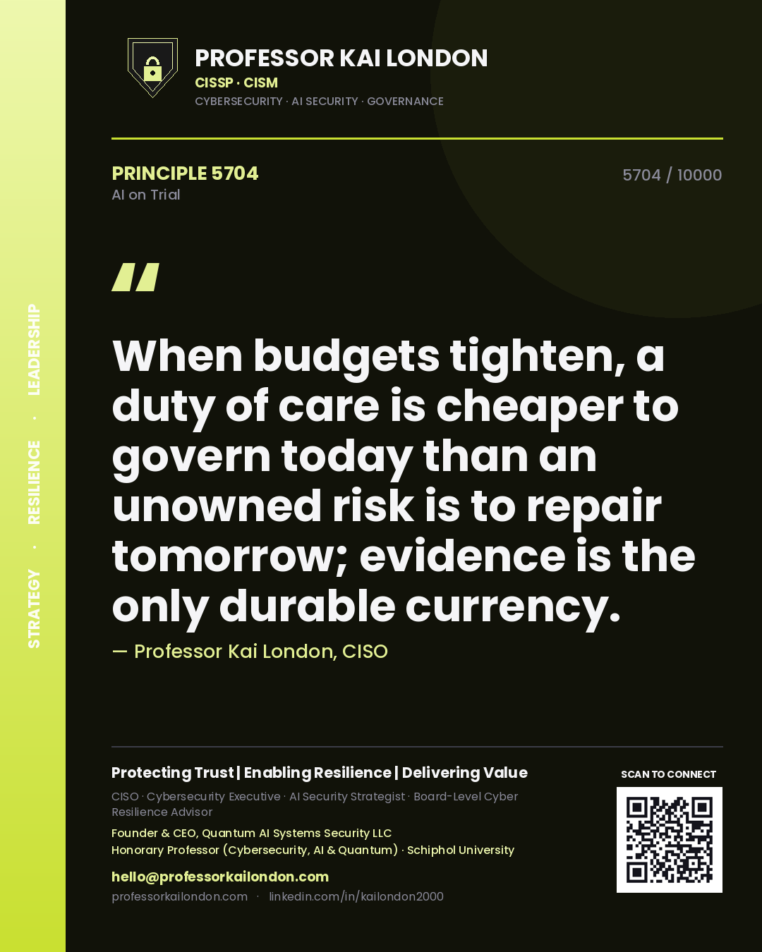 Quote card by Professor Kai London reading 'When budgets tighten, a duty of care is cheaper to govern today than an unowned risk is to repair tomorrow; evidence is the only durable currency.'. From the book AI on Trial.