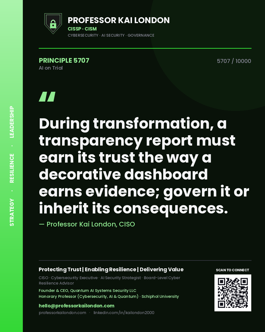 Quote card by Professor Kai London reading 'During transformation, a transparency report must earn its trust the way a decorative dashboard earns evidence; govern it or inherit its consequences.'. From the book AI on Trial.