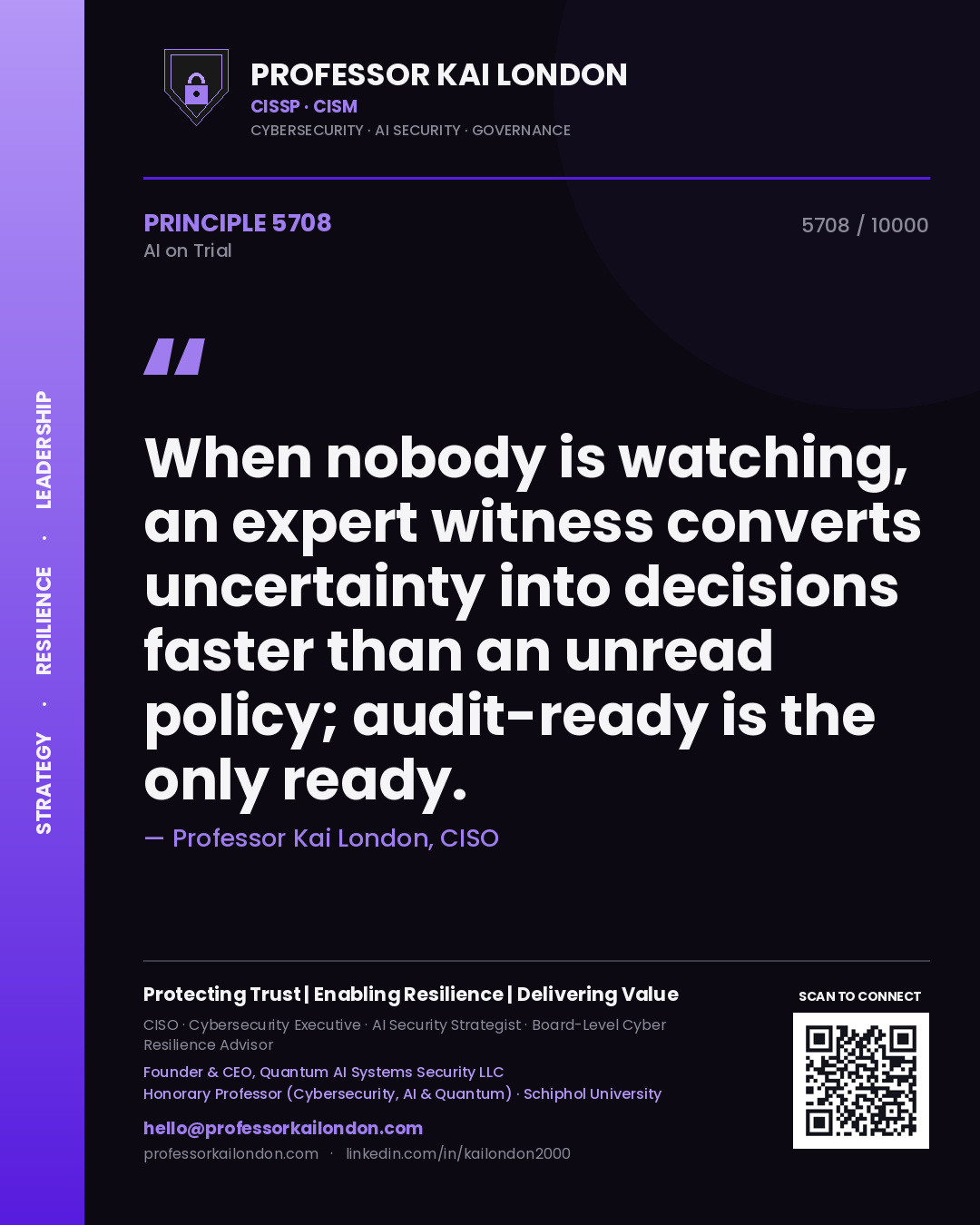 Professor Kai London principle 5708: When nobody is watching, an expert witness converts uncertainty into decisions faster than an unread policy; audit-ready is the only ready.