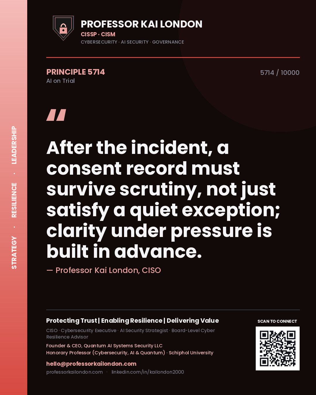 Quote card by Professor Kai London reading 'After the incident, a consent record must survive scrutiny, not just satisfy a quiet exception; clarity under pressure is built in advance.'. From the book AI on Trial.