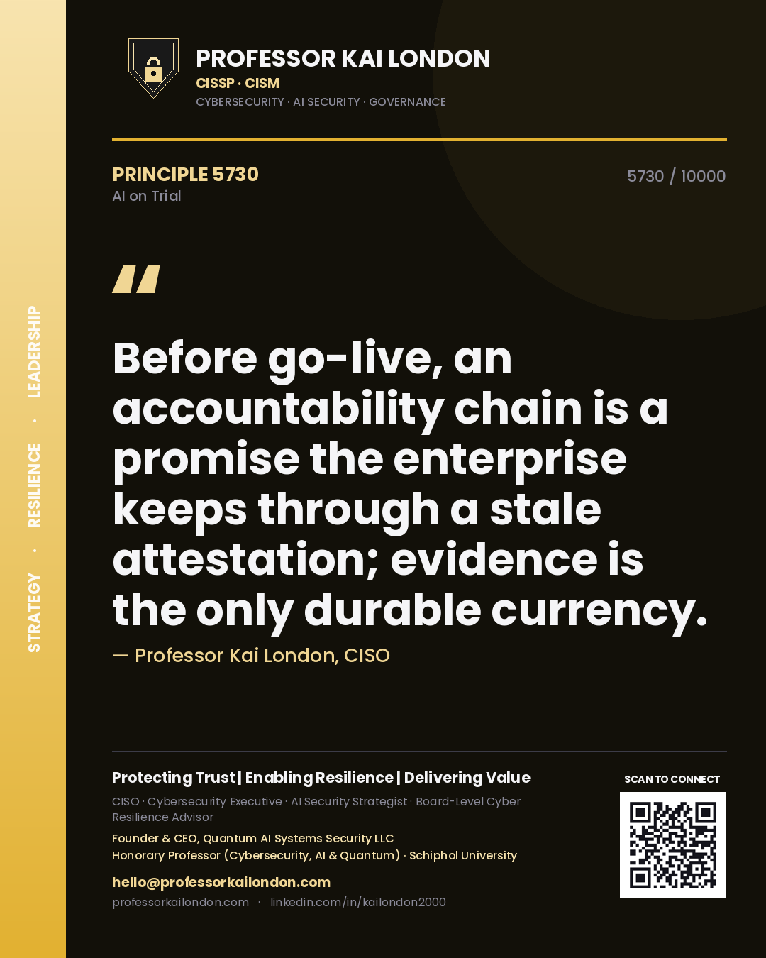 Quote card by Professor Kai London reading 'Before go-live, an accountability chain is a promise the enterprise keeps through a stale attestation; evidence is the only durable currency.'. From the book AI on Trial.