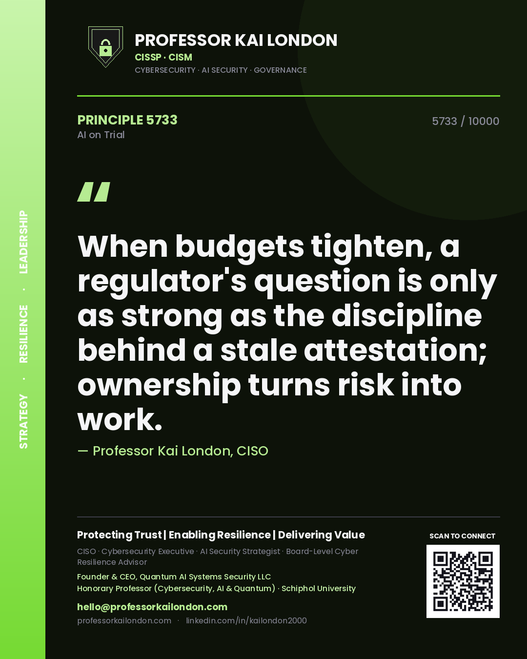 Professor Kai London principle 5733: When budgets tighten, a regulator's question is only as strong as the discipline behind a stale attestation; ownership turns risk into work.